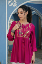 Juniper Women's Fuchsia Rayon Crepe Embroidered Straight Tunic - Distacart