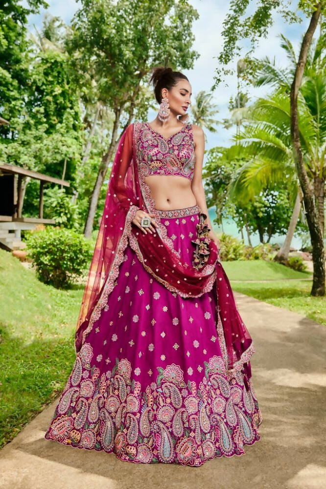 House of Panchhi Burgundy Satin Silk Sequins And Zarkan Embroidery Lehenga Choli & Dupatta