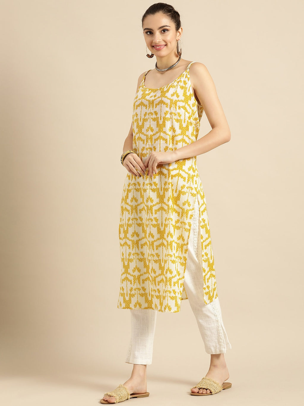 Sangria Women Mustard Yellow & Yellow Printed Cotton Kurta
