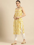 Sangria Women Mustard Yellow & Yellow Printed Cotton Kurta