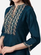 HERE&NOW Mandarin Collar Floral Embroidered A-Line Regular Fit Silk Kurta