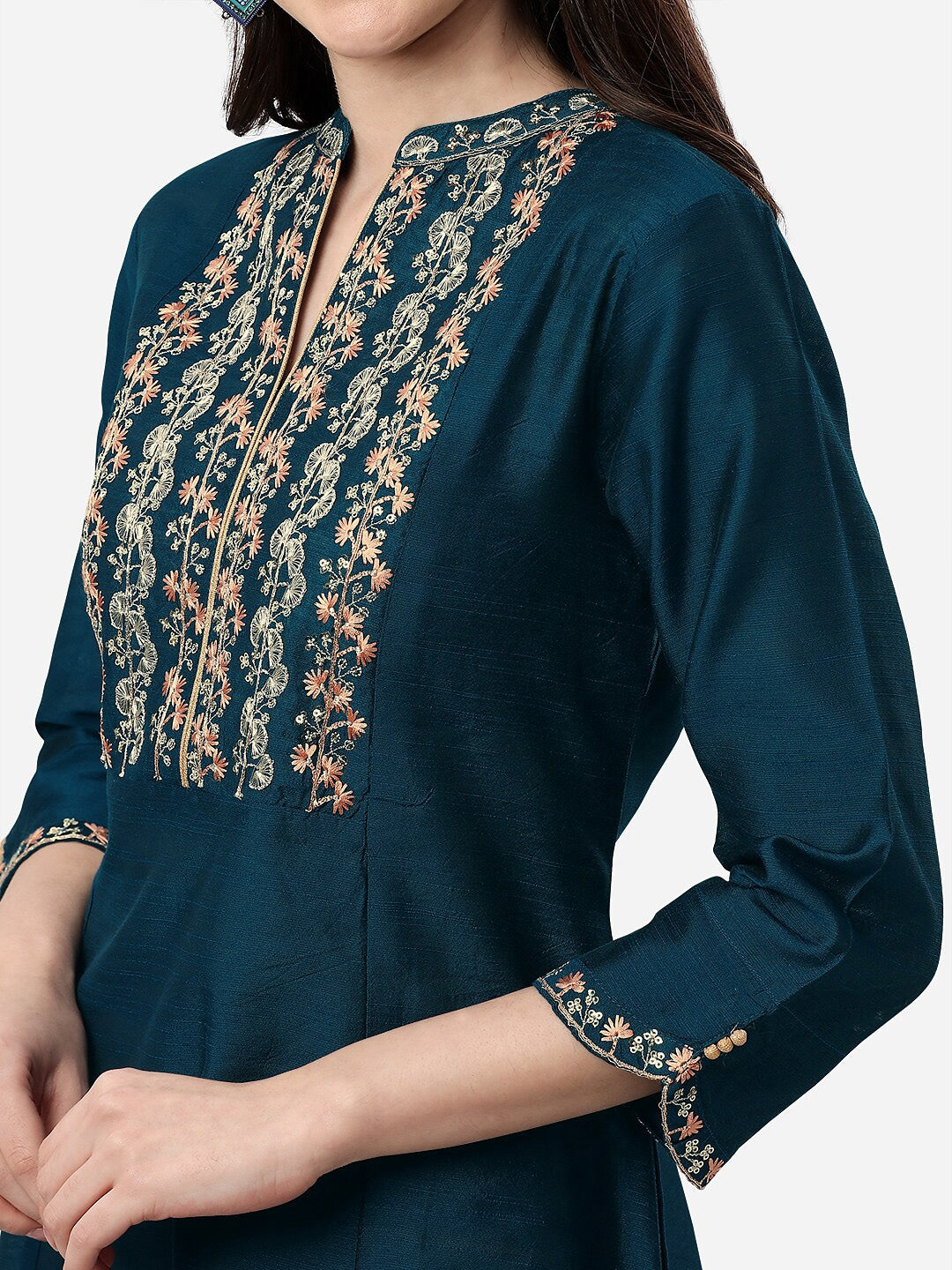 HERE&NOW Mandarin Collar Floral Embroidered A-Line Regular Fit Silk Kurta