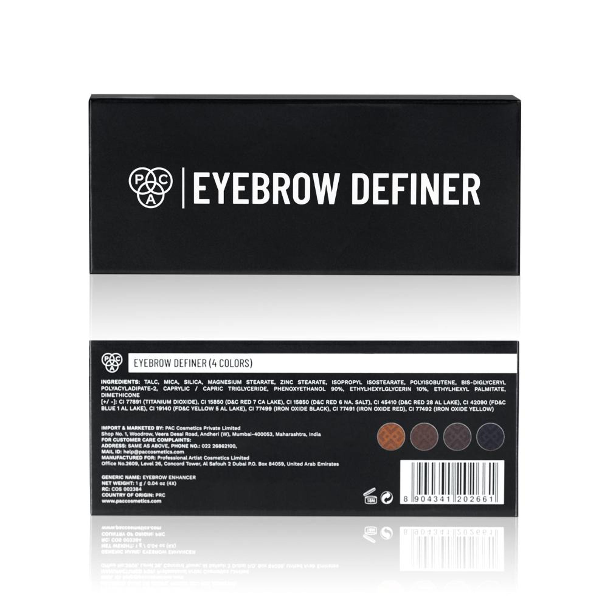 PAC Studio Eyebrow Definer Palette 4 colors - Fine Powder Formula With 2-in-1 Angled Spoolie Brush