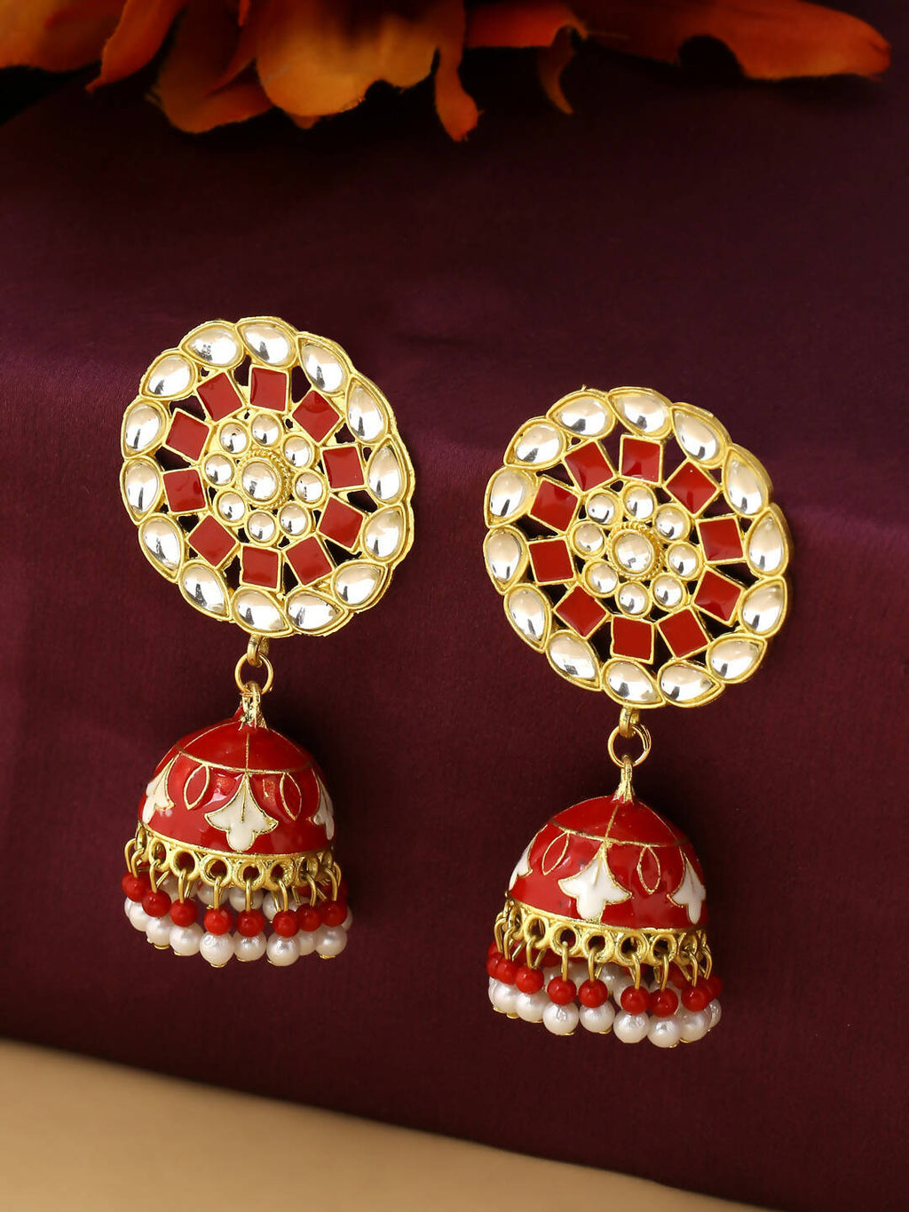 NVR Women Gold Plated Red Dome Shaped Meenkari Jhumkas Earrings - Distacart