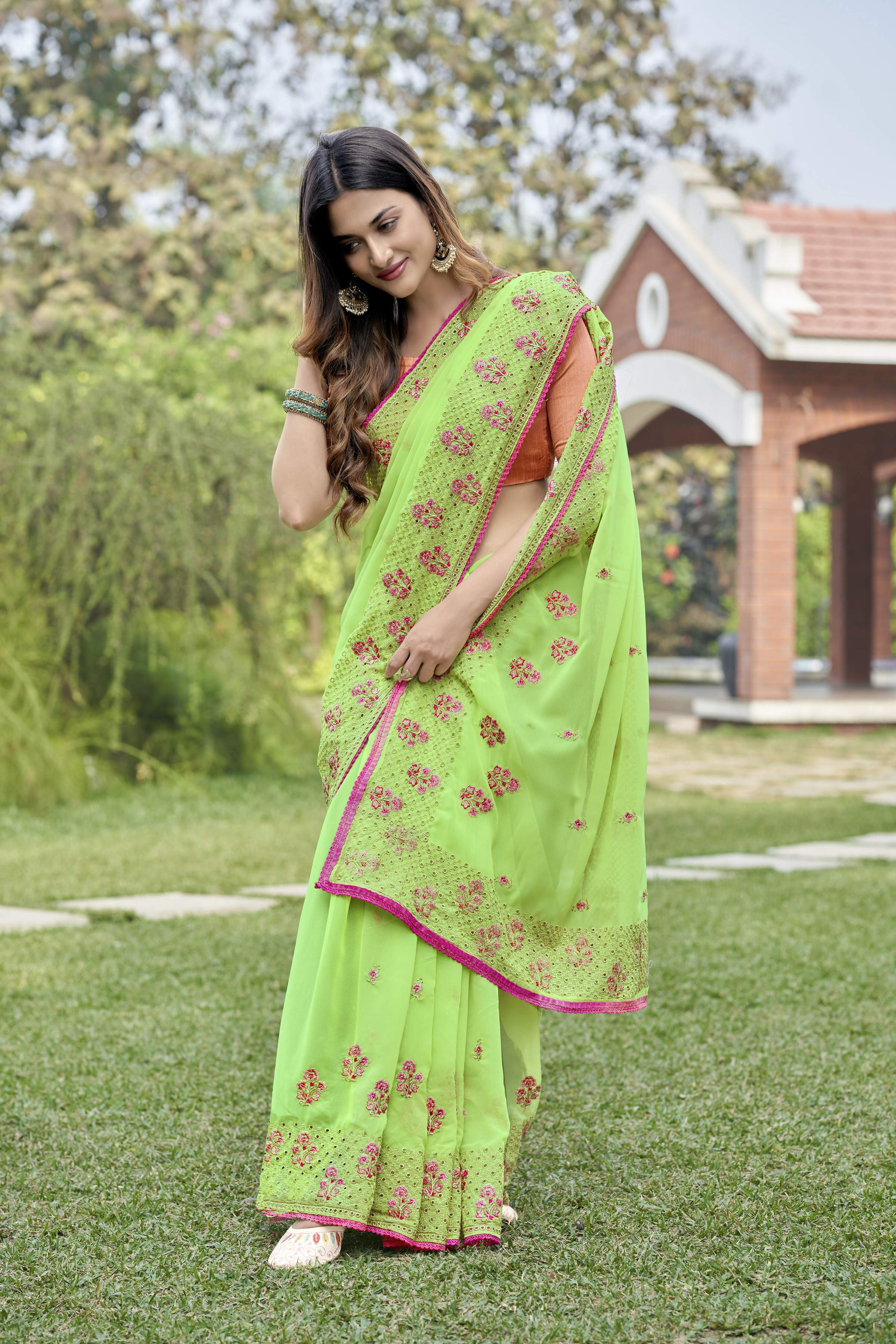 Vamsee Rashmika 2.0 Green Georgette Silk Saree