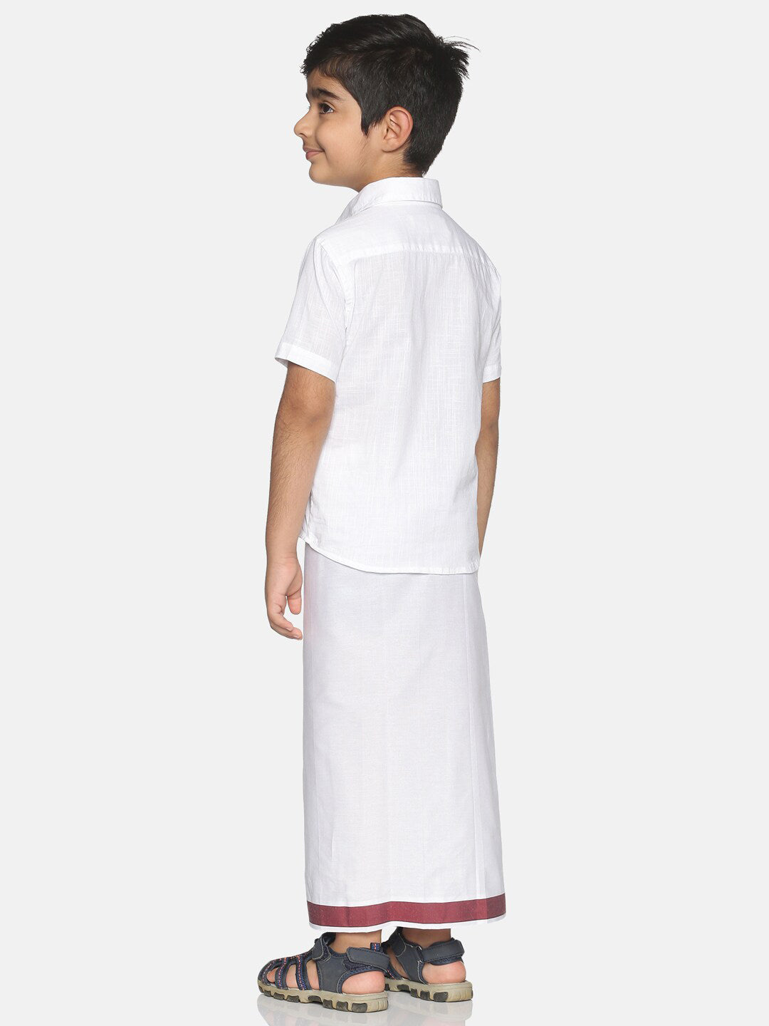 Sethukrishna Boys White & Red Pure Cotton Solid Shirt and Veshti Set