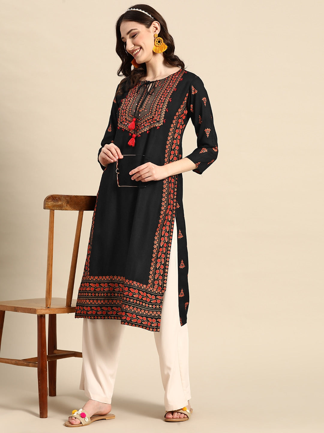 Sangria Floral Yoke Printed Mirror Work Kurta