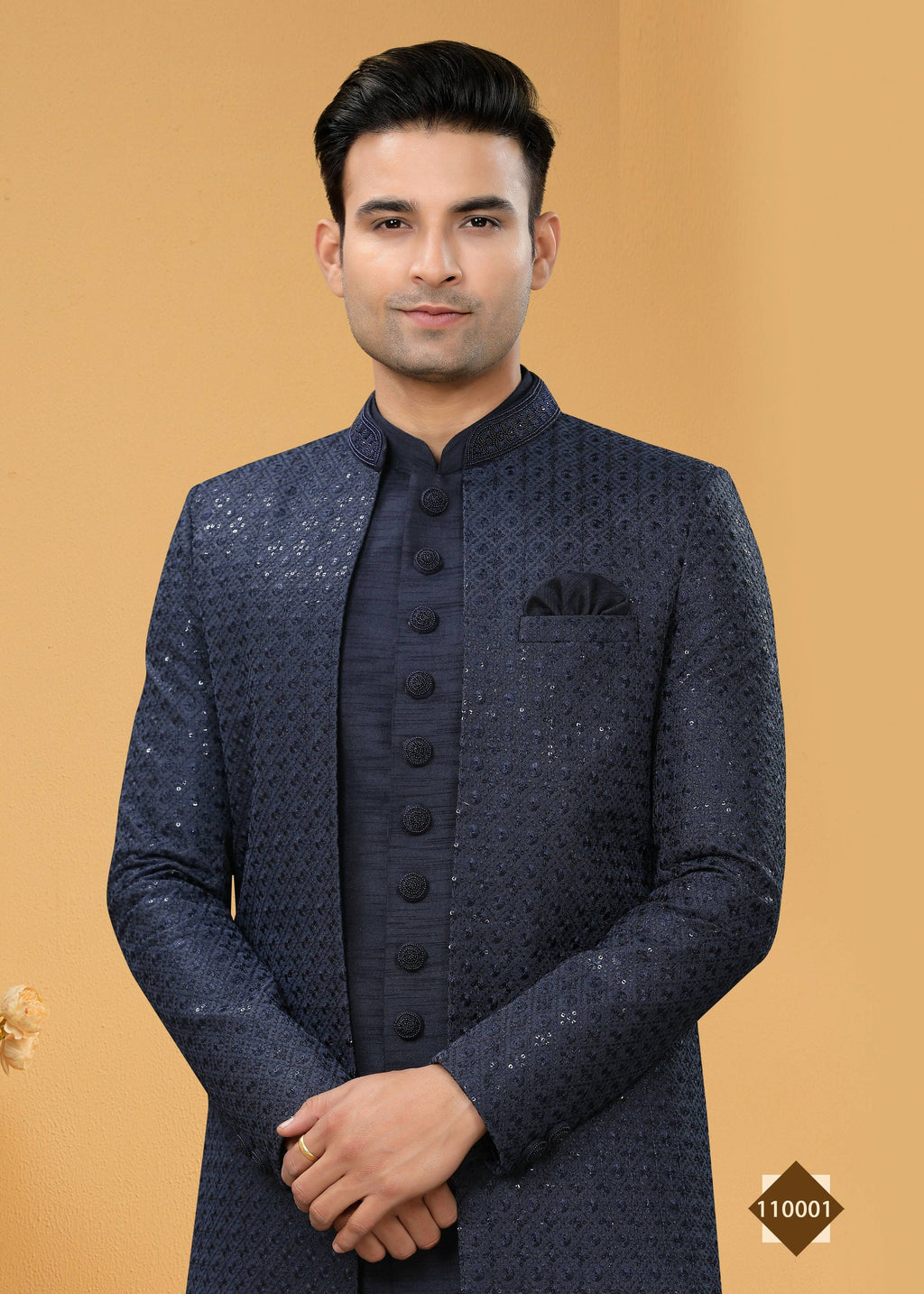 Joban Fashion Men's Navy Blue Art Silk Plain Kurta Pyjama set
