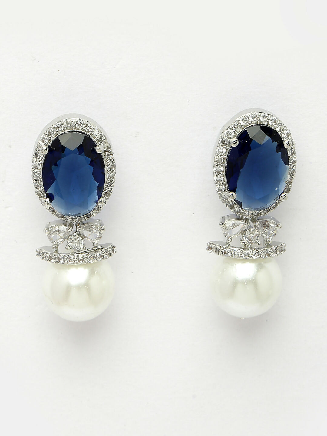 NVR Women's Silver-Plated Blue American Diamond Studded Handcrafted Jewellery Set