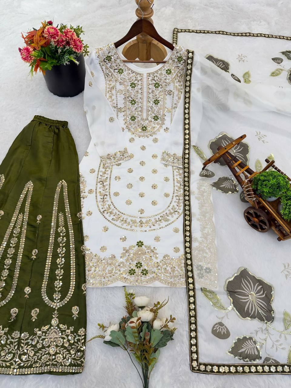 Teeya Creation Green Gimmy Silk Designer Embroidery Work Wedding Wear Palazzo Pair - Distacart