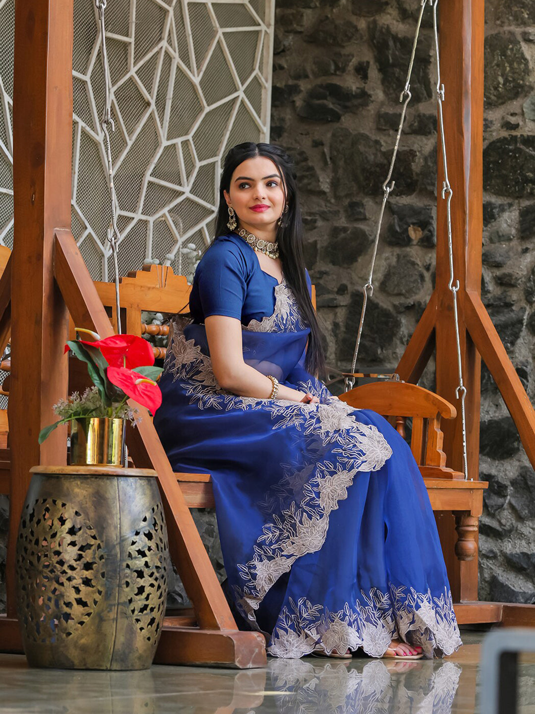 Tikhi Imli Blue Embroidered Organza Saree - Distacart