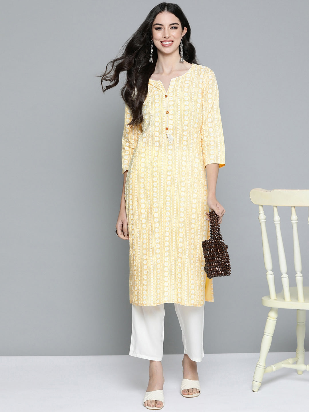 HERE&NOW Women Yellow & Off-White Printed Regular Kurta with Palazzos