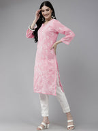 ADA Women Pink & White Ethnic Motifs Embroidered Chikankari Cotton Kurta