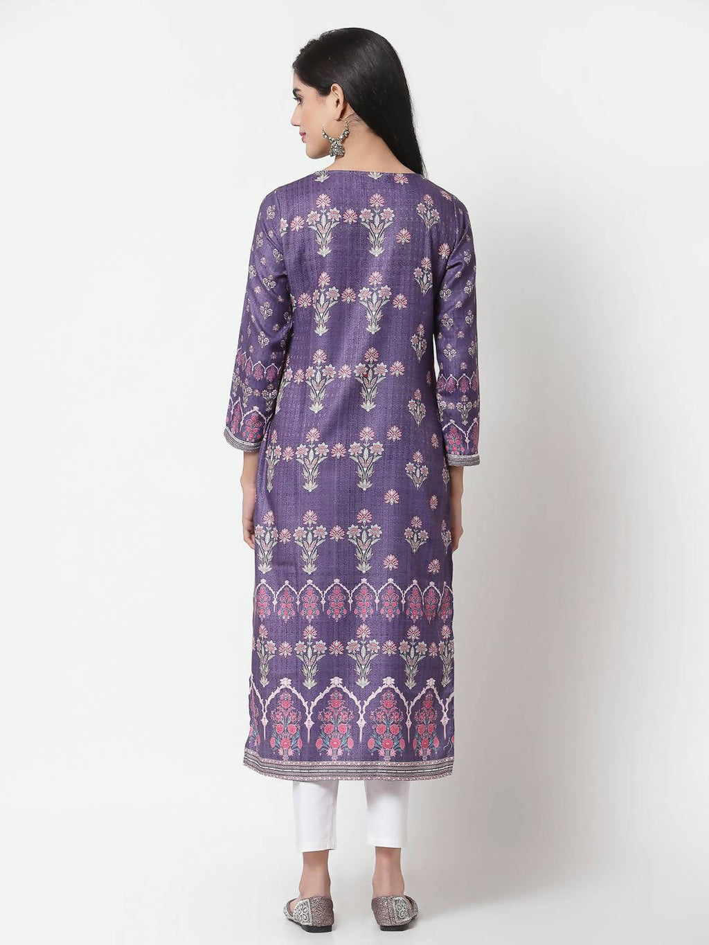Myshka Women's Purple Printed Polyester Full Sleeve Round Neck Casual Kurta