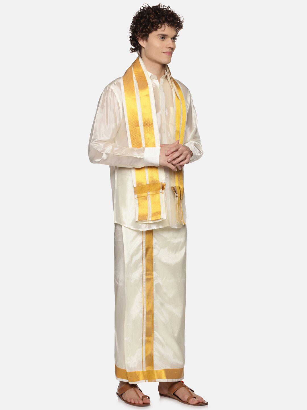 Sethukrishna Men Cream Solid With Angavastram - Distacart