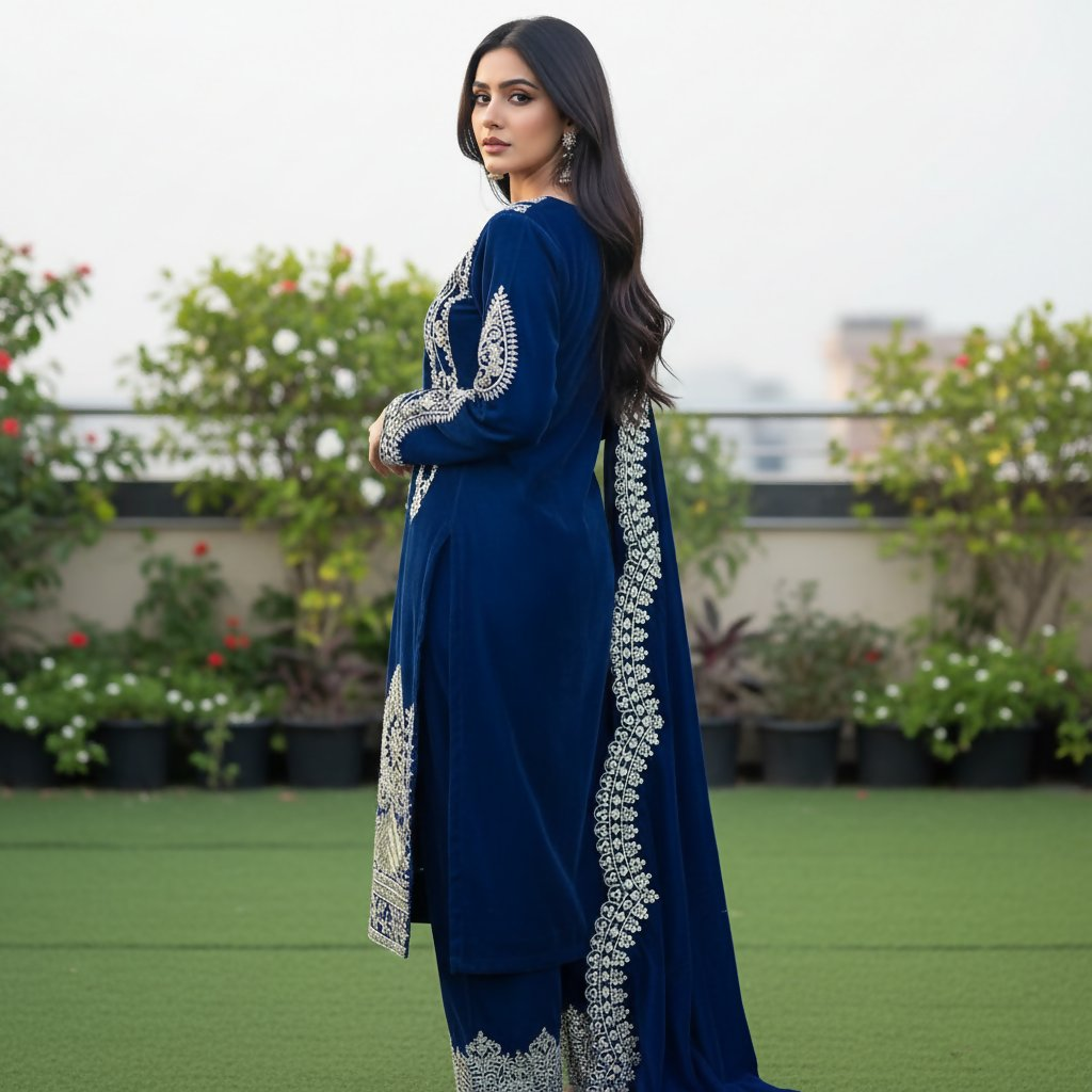 Teeya Creation Blue Color Velvet Designer Embroidery Work party Wear Suit - Distacart