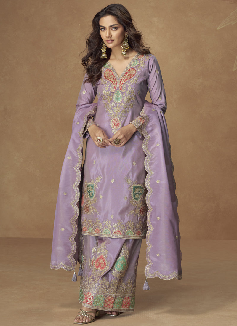 Vegaa Fashion Lavender Simar Silk Embroidered Designer Palazzo Suit - Distacart