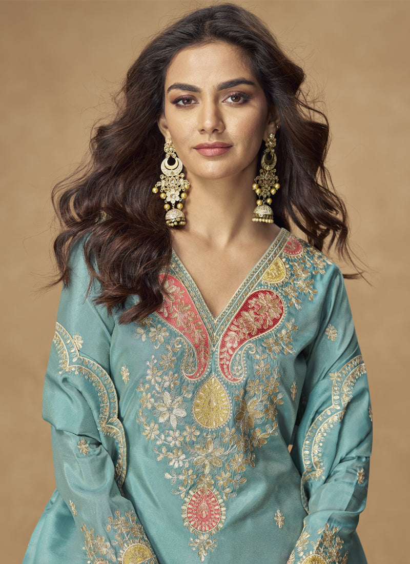 Vegaa Fashion Sky Blue Simar Silk Embroidered Designer Palazzo Suit - Distacart