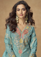 Vegaa Fashion Sky Blue Simar Silk Embroidered Designer Palazzo Suit - Distacart