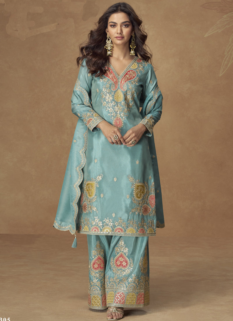 Vegaa Fashion Sky Blue Simar Silk Embroidered Designer Palazzo Suit - Distacart