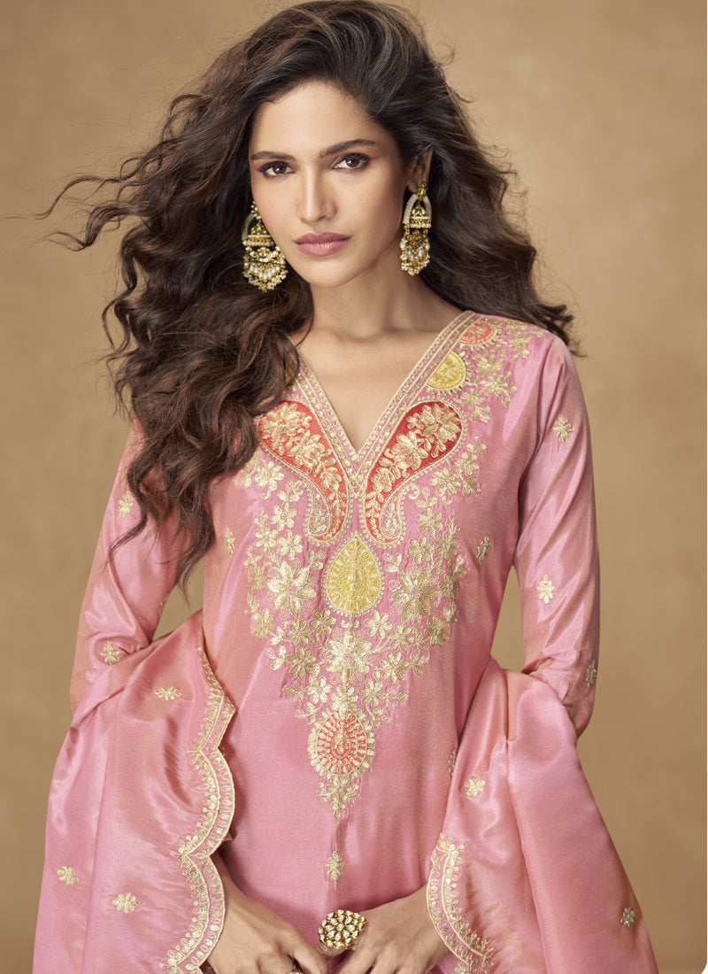 Vegaa Fashion Light Pink Simar Silk Embroidered Designer Palazzo Suit - Distacart
