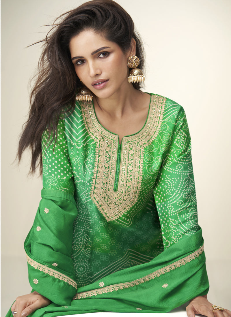 Vegaa Fashion Green Chinon Silk Embroidered Designer Sharara Suit - Distacart