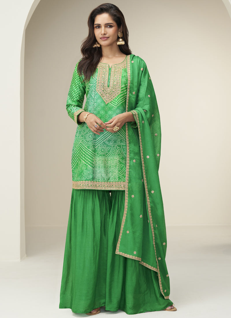 Vegaa Fashion Green Chinon Silk Embroidered Designer Sharara Suit - Distacart