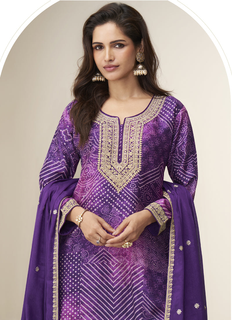 Vegaa Fashion Violet Chinon Silk Embroidered Designer Sharara Suit - Distacart