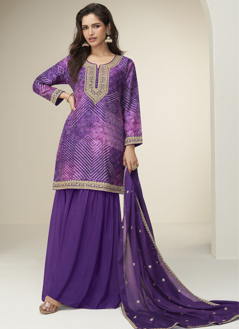 Vegaa Fashion Violet Chinon Silk Embroidered Designer Sharara Suit - Distacart
