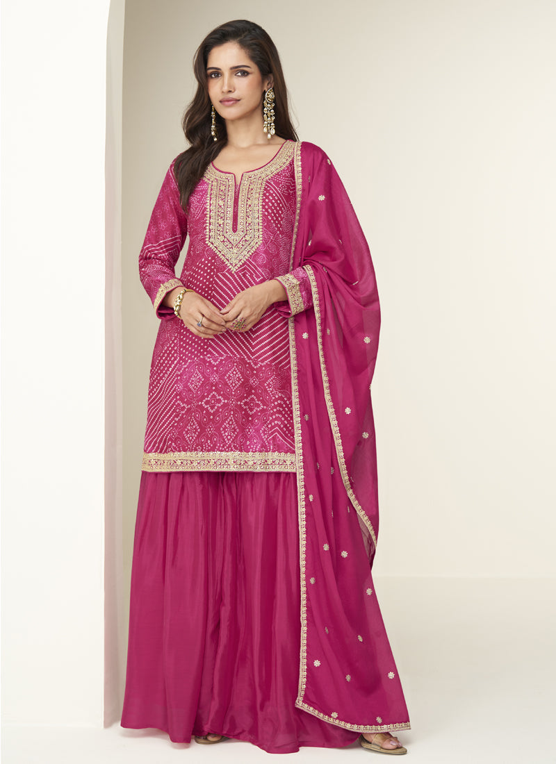 Vegaa Fashion Pink Chinon Silk Embroidered Designer Sharara Suit - Distacart