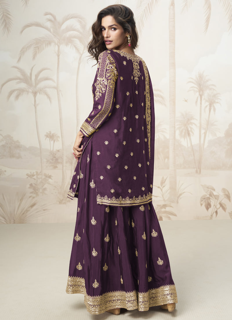 Vegaa Fashion Wine Chinon Silk Embroidered Sharara Suit - Distacart
