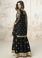Vegaa Fashion Black Chinon Silk Embroidered Sharara Suit - Distacart