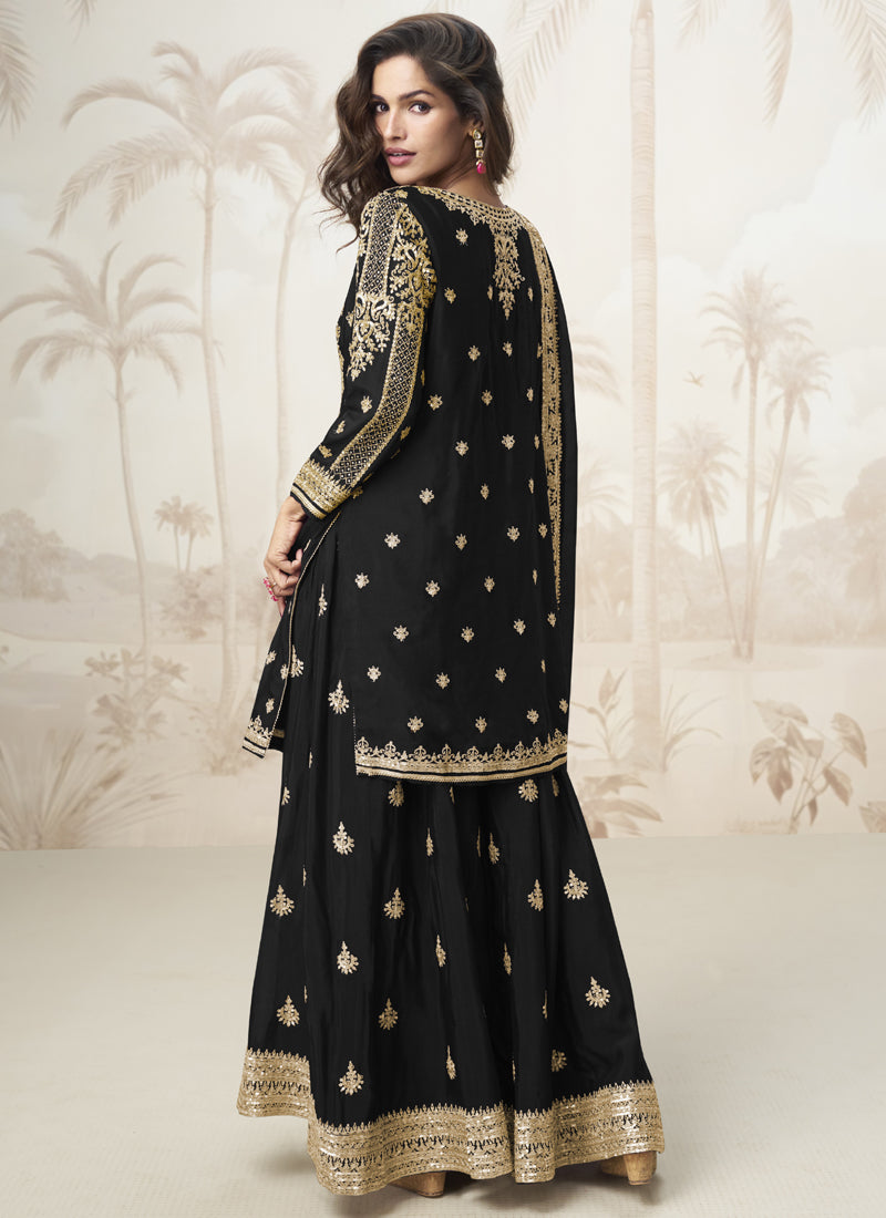 Vegaa Fashion Black Chinon Silk Embroidered Sharara Suit - Distacart