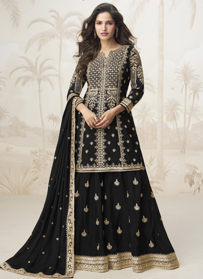 Vegaa Fashion Black Chinon Silk Embroidered Sharara Suit - Distacart