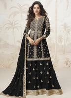 Vegaa Fashion Black Chinon Silk Embroidered Sharara Suit - Distacart