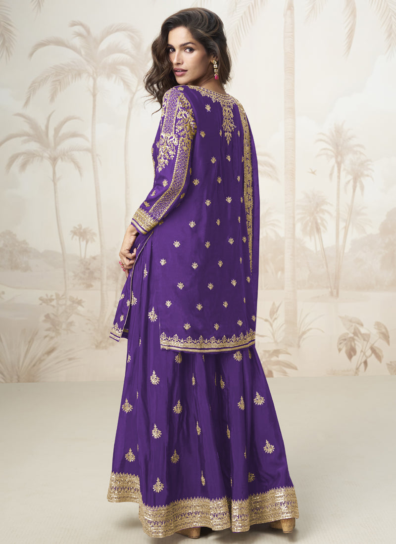 Vegaa Fashion Violet Chinon Silk Embroidered Sharara Suit - Distacart