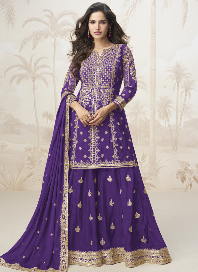 Vegaa Fashion Violet Chinon Silk Embroidered Sharara Suit - Distacart