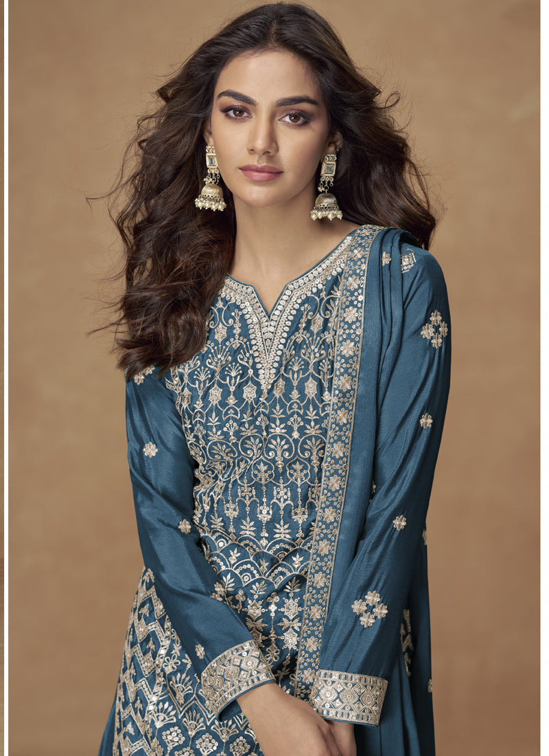 Vegaa Fashion Aqua Blue Chinon Silk Embroidered Sharara Suit - Distacart