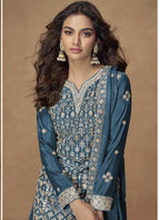 Vegaa Fashion Aqua Blue Chinon Silk Embroidered Sharara Suit - Distacart