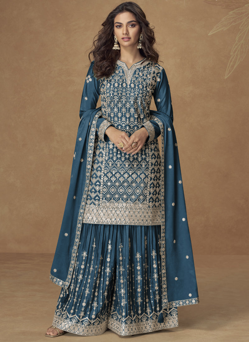 Vegaa Fashion Aqua Blue Chinon Silk Embroidered Sharara Suit - Distacart