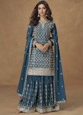 Vegaa Fashion Aqua Blue Chinon Silk Embroidered Sharara Suit - Distacart