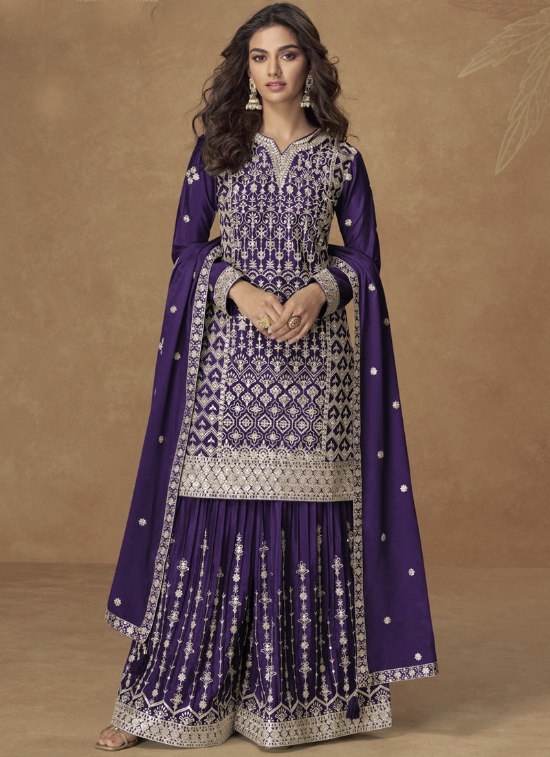 Vegaa Fashion Purple Chinon Silk Embroidered Sharara Suit - Distacart