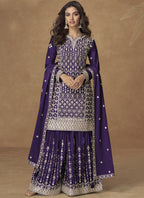 Vegaa Fashion Purple Chinon Silk Embroidered Sharara Suit - Distacart
