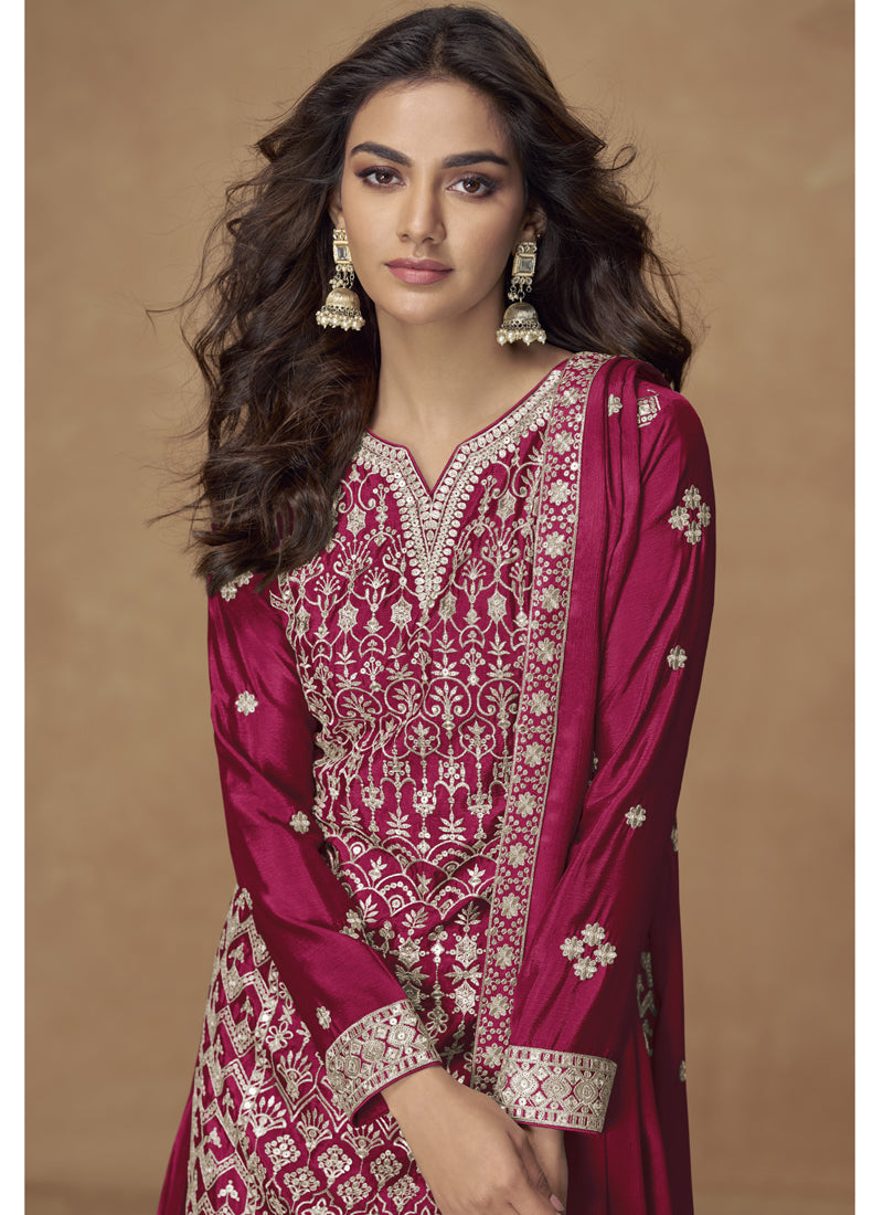 Vegaa Fashion Rani Pink Chinon Silk Embroidered Sharara Suit - Distacart