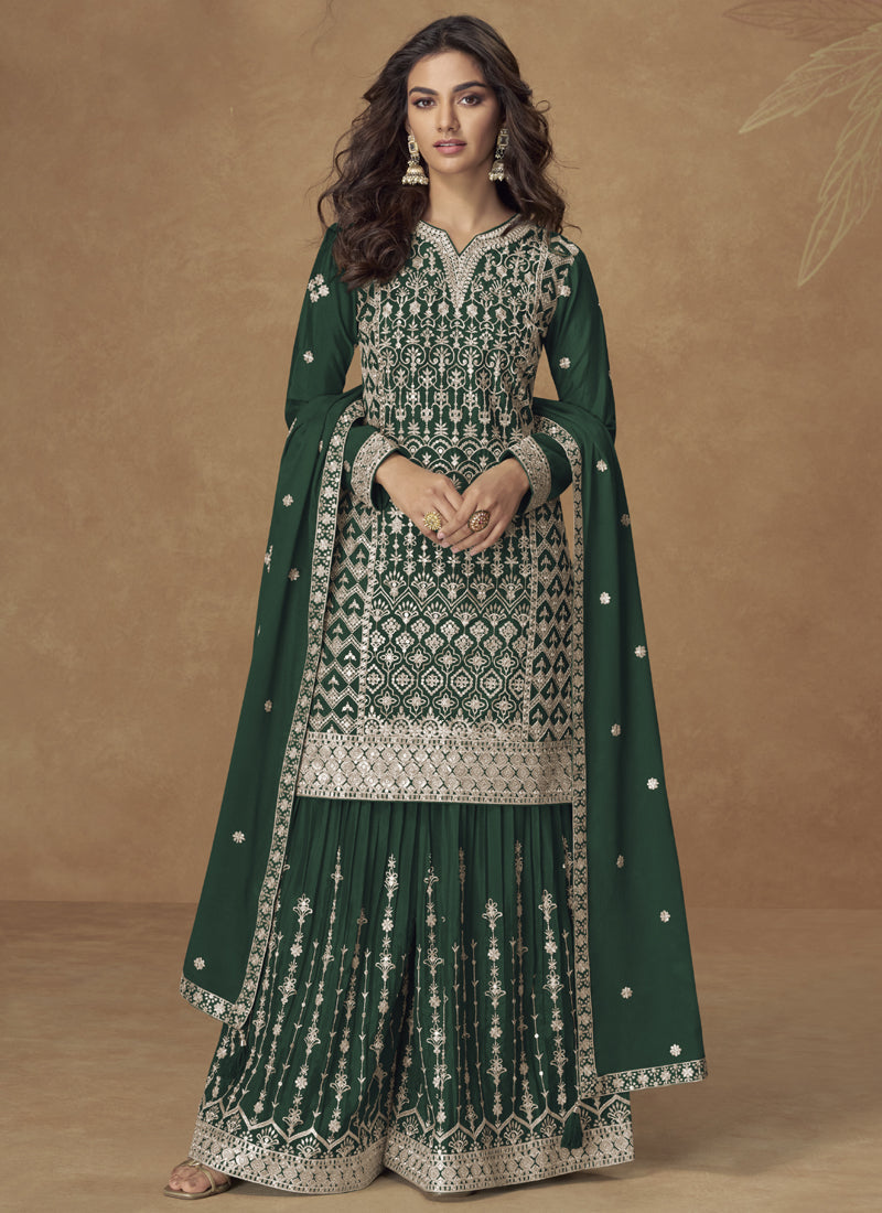 Vegaa Fashion Green Chinon Silk Embroidered Sharara Suit - Distacart