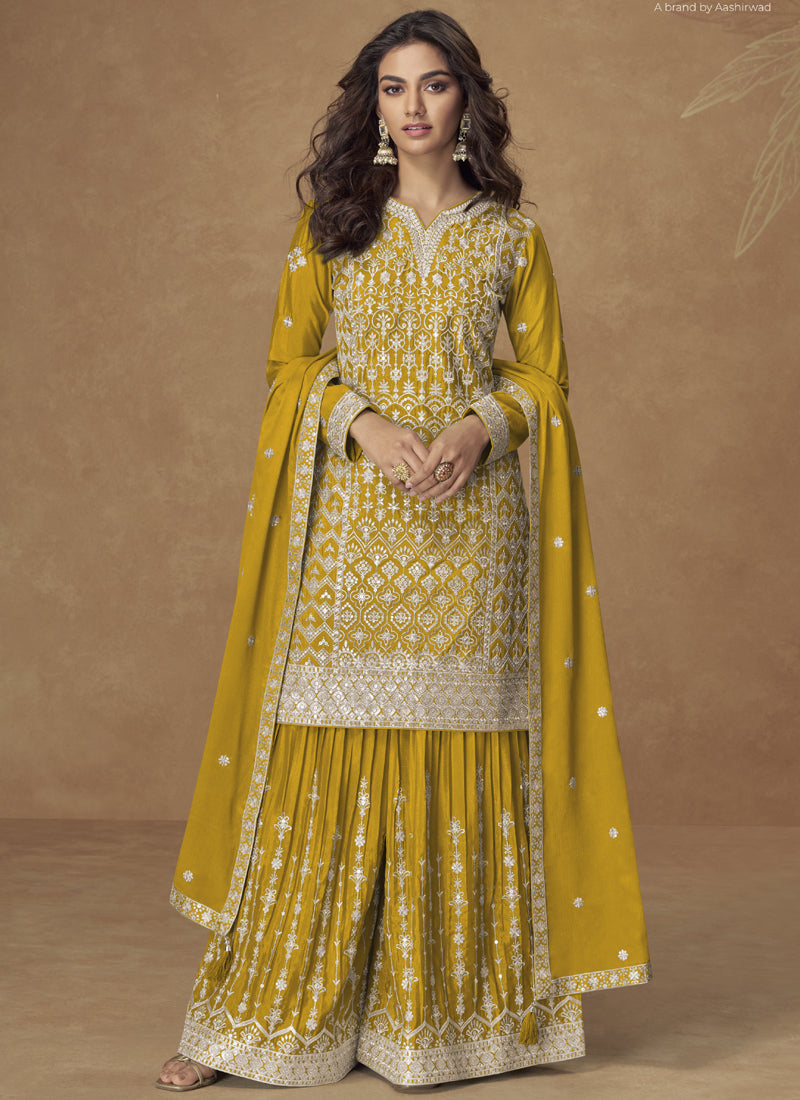 Vegaa Fashion Yellow Chinon Silk Embroidered Sharara Suit - Distacart