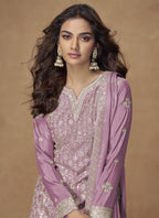 Vegaa Fashion Onion Pink Chinon Silk Embroidered Deiigner Palazzo Suit