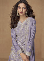 Vegaa Fashion Lavender Chinon Silk Embroidered Deiigner Palazzo Suit