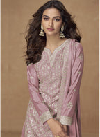Vegaa Fashion Light Pink Chinon Silk Embroidered Deiigner Palazzo Suit