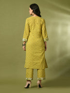 Myshka Women's Yellow Printed Cotton Straight Party Kurta Set